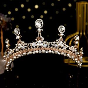 Gold Pearl & Crystal Bridal Tiara - Elegant Wedding Crown